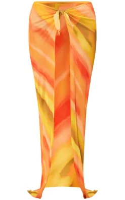 Multi Abstract Printed Mesh Tie Side Thigh Split Maxi Skirt