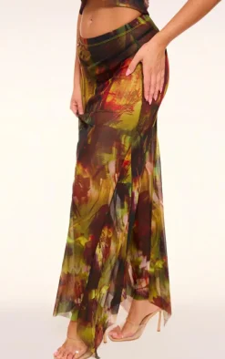 Multi Abstract Printed Mesh Ruffle Midaxi Skirt
