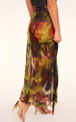 Multi Abstract Printed Mesh Ruffle Midaxi Skirt