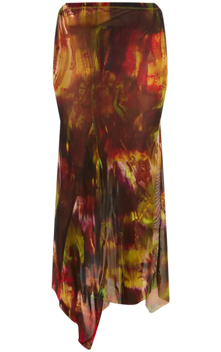 Multi Abstract Printed Mesh Ruffle Midaxi Skirt