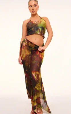 Multi Abstract Printed Mesh Halterneck Metal Detail Top