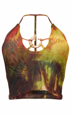Multi Abstract Printed Mesh Halterneck Metal Detail Top