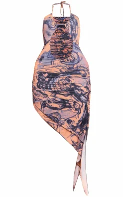 Multi Abstract Printed Slinky Halterneck Cut Out Maxi Dress