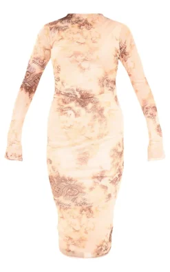 Multi Abstract Ruched Mesh Long Sleeve Midi Dress