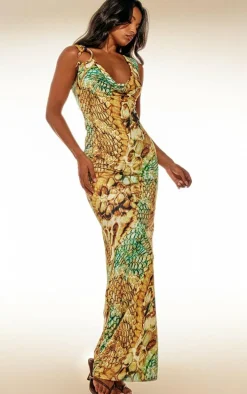 Multi Abstract Snake Print Double Layer Slinky Trim Maxi Dress