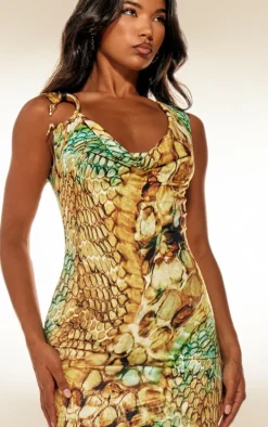 Multi Abstract Snake Print Double Layer Slinky Trim Maxi Dress