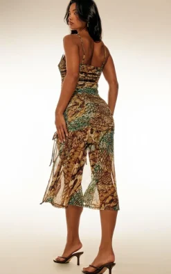 Multi Abstract Snake Print Double Layer Mesh Cowl Midi Dress