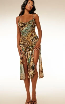 Multi Abstract Snake Print Double Layer Mesh Cowl Midi Dress