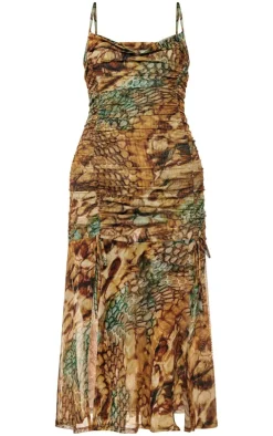 Multi Abstract Snake Print Double Layer Mesh Cowl Midi Dress