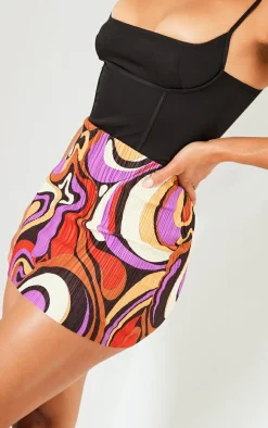 Multi Abstract Swirl Printed Plisse Micro Mini Skirt
