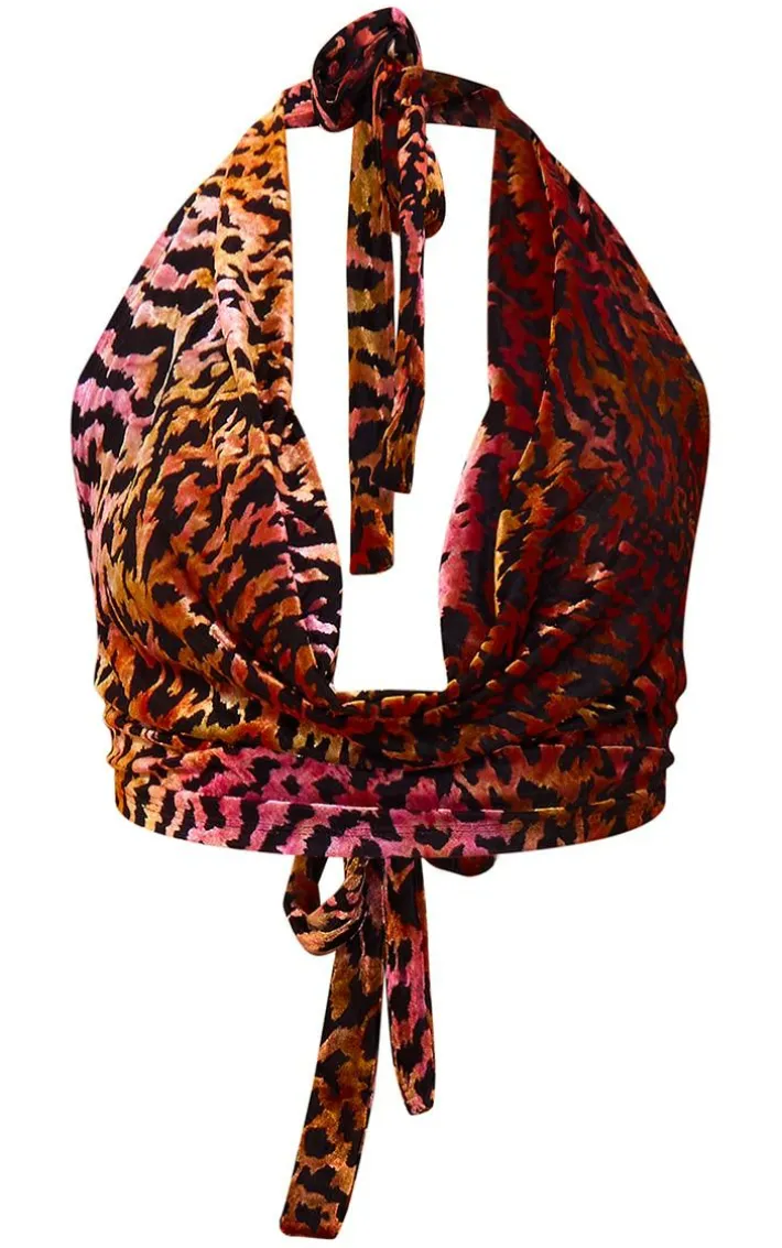 Multi Animal Print Devore Cowl Halterneck Crop Top