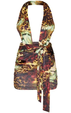 Multi Animal Print Halterneck Cut Out Bodycon Dress