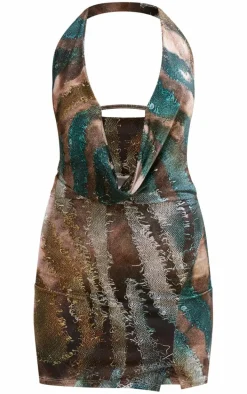 Multi Animal Print Slinky Halter Neck Cross Bar Mini Dress