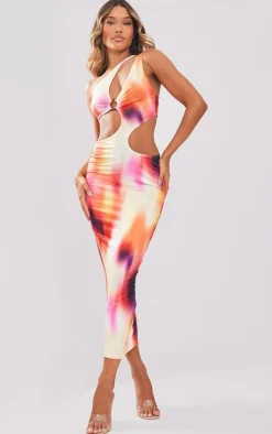 Multi Blurred Print Slinky Ring Detail Cut Out Midaxi Dress