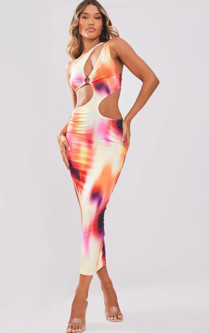 Multi Blurred Print Slinky Ring Detail Cut Out Midaxi Dress