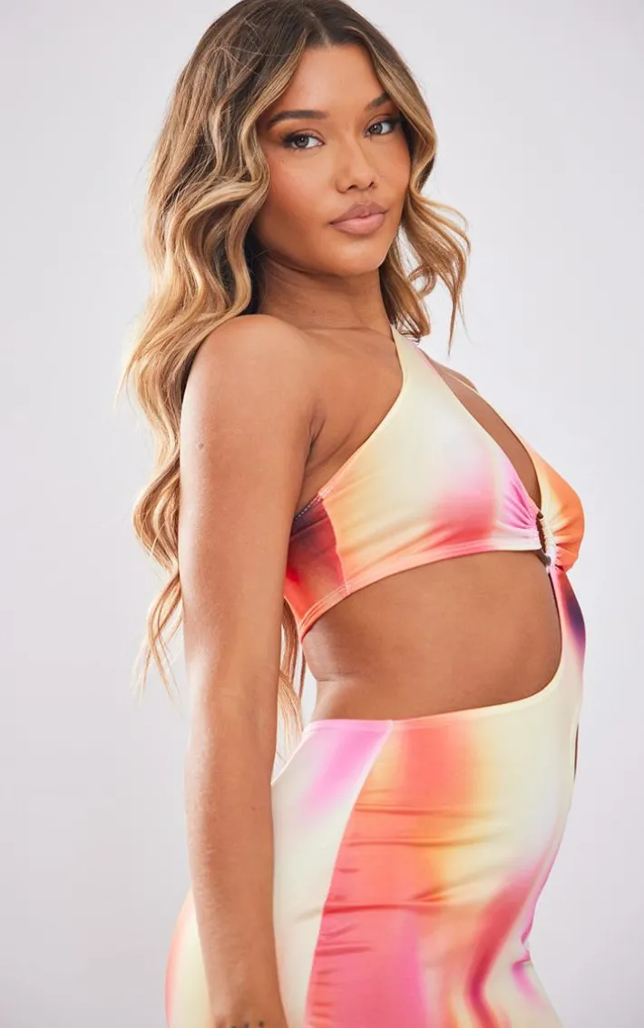 Multi Blurred Print Slinky Ring Detail Cut Out Midaxi Dress