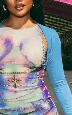 Multi Body Printed Mesh Racer Neck Bodycon Dress