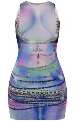 Multi Body Printed Mesh Racer Neck Bodycon Dress