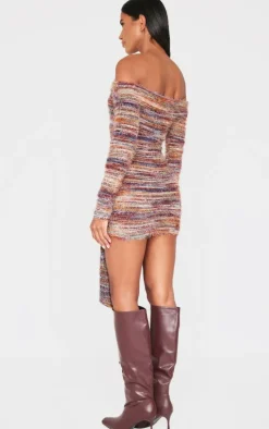 Multi Brushed Textured Bardot Wrap Detail Bodycon Dress