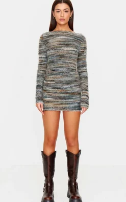 Multi Brushed Textured Boat Neck Bodycon Dress