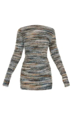 Multi Brushed Textured Boat Neck Bodycon Dress