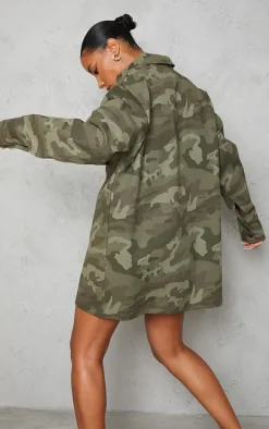 Multi Camo Cargo Pocket Detail Oversized Shirt Dress