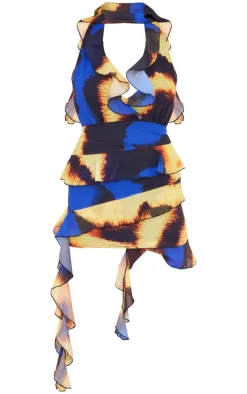 Multi Chiffon Frill Detail Drape Halter Neck Mini Dress