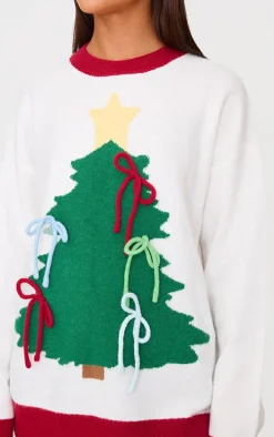 Multi Christmas Tree Bow Oversized Knitted Christmas Sweater