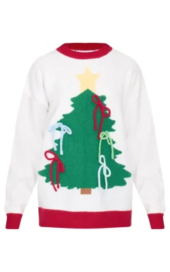 Multi Christmas Tree Bow Oversized Knitted Christmas Sweater