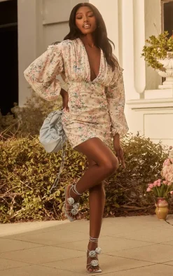 Multi Ditsy Floral Print Embroidered Neck Tie Detail Shift Dress