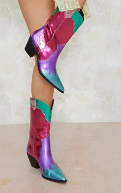 Multi Faux Leather Bright Metallic Block Heeled Western Calf Boots