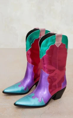 Multi Faux Leather Bright Metallic Block Heeled Western Calf Boots