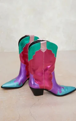 Multi Faux Leather Bright Metallic Block Heeled Western Calf Boots