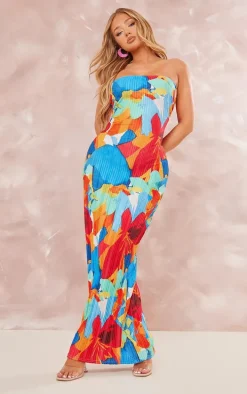 Multi Floral Abstract Print Plisse Bandeau Cowl Back Maxi Dress