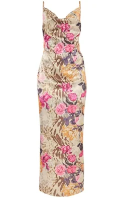 Multi Floral Animal Printed Satin Cowl Neck Maxi Dress