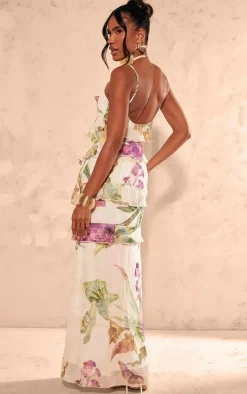 Multi Floral Chiffon Extreme Frill Maxi Dress
