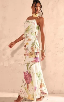 Multi Floral Chiffon Extreme Frill Maxi Dress