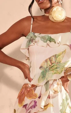 Multi Floral Chiffon Extreme Frill Maxi Dress