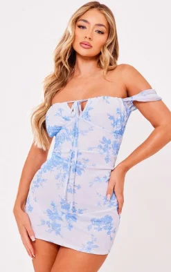 Multi Floral Mesh Bardot Cap Sleeve Mini Dress