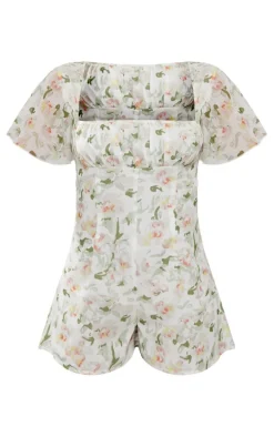 Multi Floral Print Chiffon Ruched Bust Romper