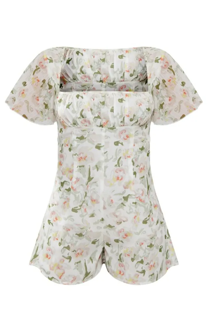 Multi Floral Print Chiffon Ruched Bust Romper