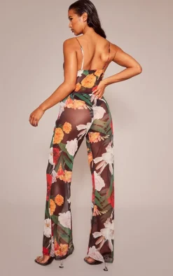 Multi Floral Print Cowl Neck Mesh Jumpsuit