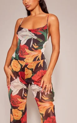 Multi Floral Print Cowl Neck Mesh Jumpsuit