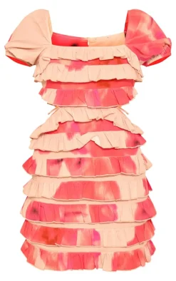 Multi Floral Print Frill Detail Cut Out Puff Sleeve Bodycon Dress