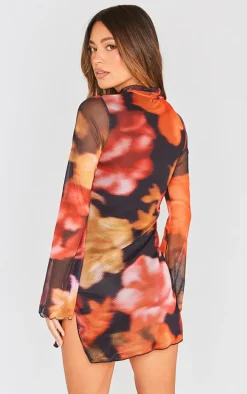 Multi Floral Print High Neck Flared Sleeve Shift Dress