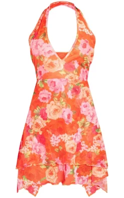 Multi Floral Print Mesh Halterneck Tiered Shift Dress