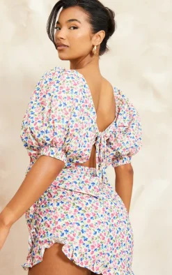 Multi Floral Print Puff Sleeve Tie Front Bodycon Dress