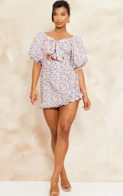 Multi Floral Print Puff Sleeve Tie Front Bodycon Dress