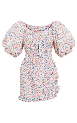 Multi Floral Print Puff Sleeve Tie Front Bodycon Dress