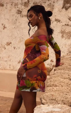 Multi Floral Printed Mesh Tie Front Plunge Bodycon Dress